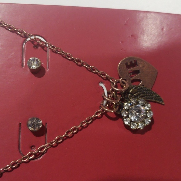 Bronze-tone Love Charm Necklace & Rhinestone Earrings – Romantic Jewelry Set - Picture 7 of 7